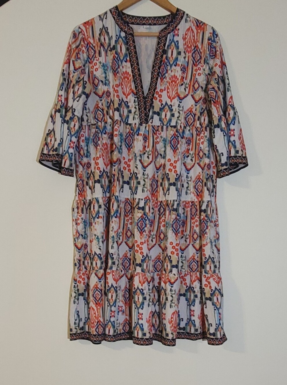 Boho V-Neck Tiered Mini Dress in White Size M